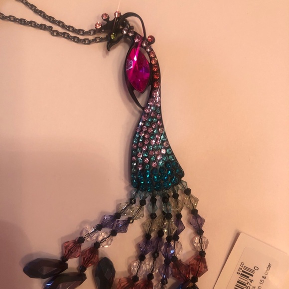 Betsey Johnson Hematite Tone Peacock Pendant Necklace Fringe & Crystal Accents - Picture 2 of 10